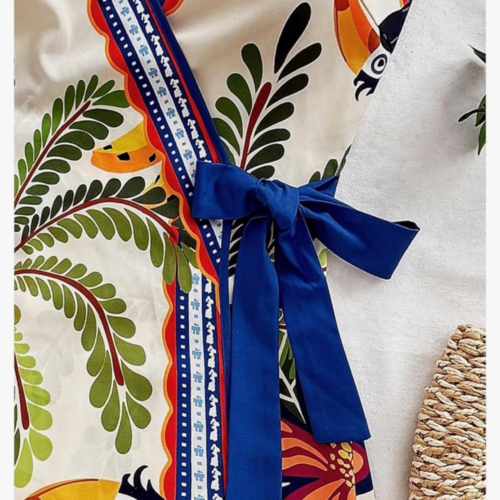 NWOT Tropical Wrap Dress with Blue Ribbon - Picture 3 of 10